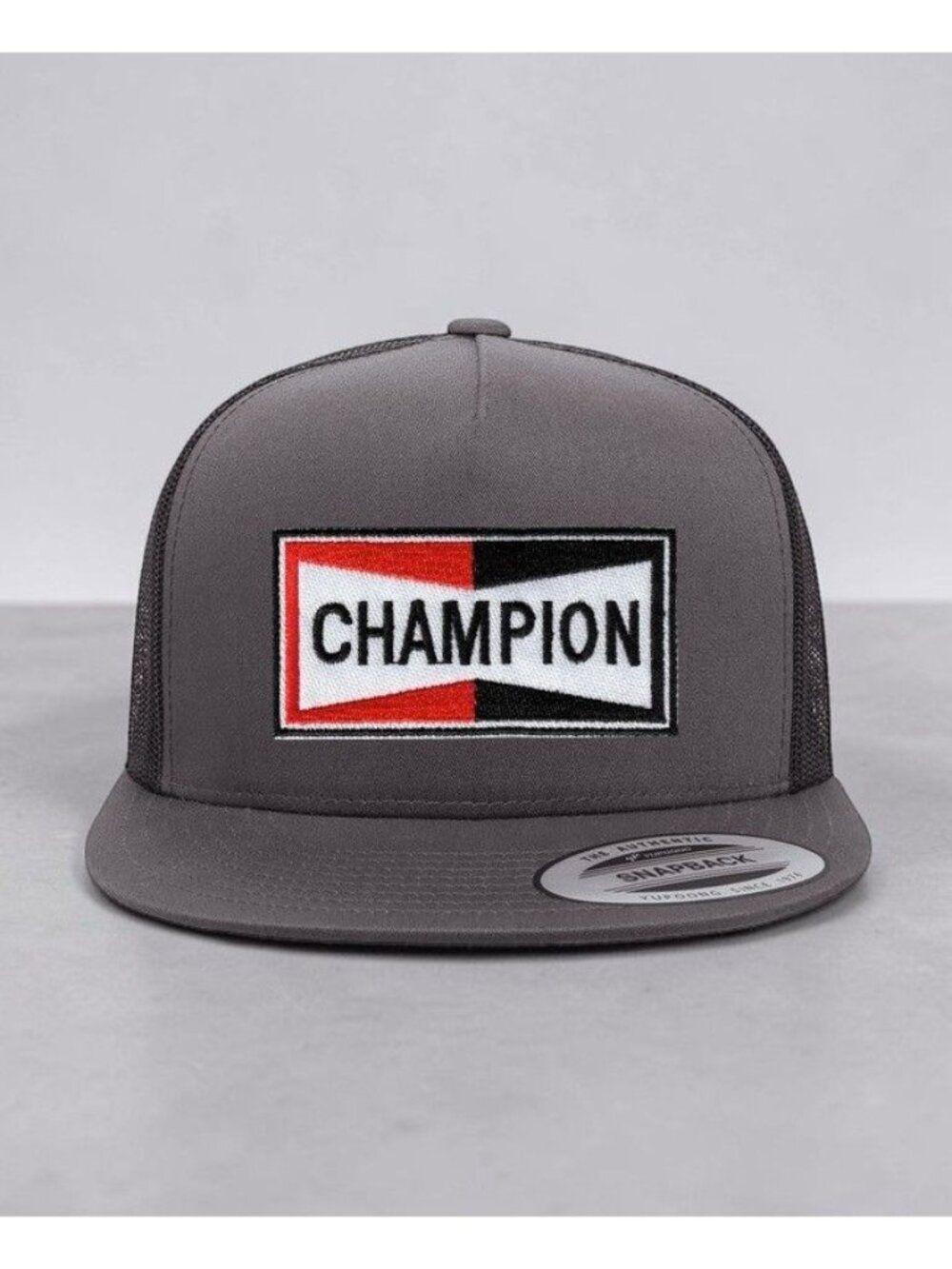 Champion Spark Plugs Patch on YP Flat Bill Trucker Hat Mesh Back Snapback charco